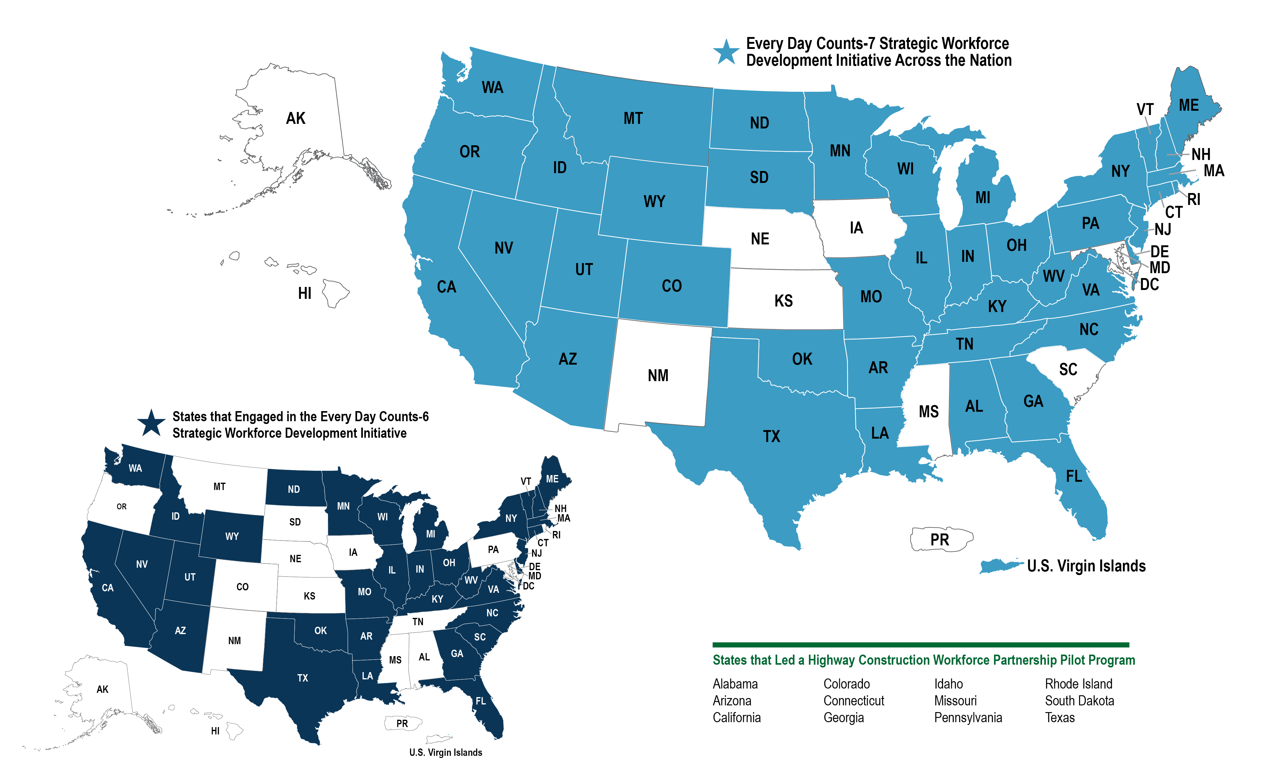 Map denoting which states are part of the Strategic Workforce Development, Highway Construction Workforce Partnership, or both.